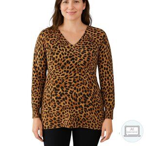 Chicos Womens Sweater Cotton Cashmere V-Neck Pullover Cheetah Animal Size 2 | L